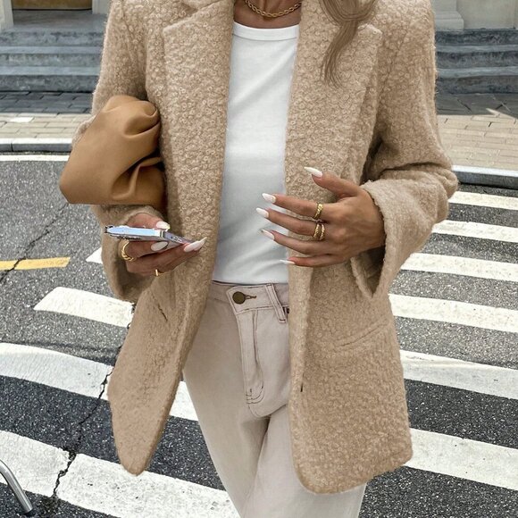 Apricot Casual Women's Notched Collar Long Sleeve Fleece Blazer - Picture 1 of 8